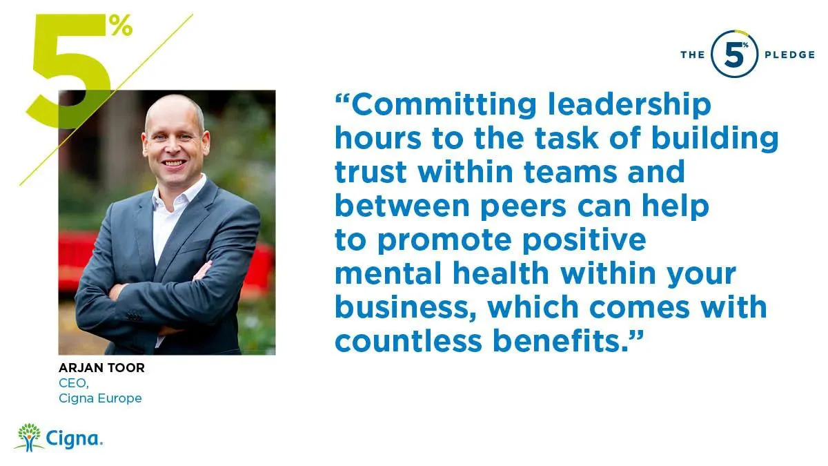 Quote from Arjan Toor: Committing leadership hours to the task of building trust within teams and between peers can help to promote positive mental health within your business, which comes with countless benefits