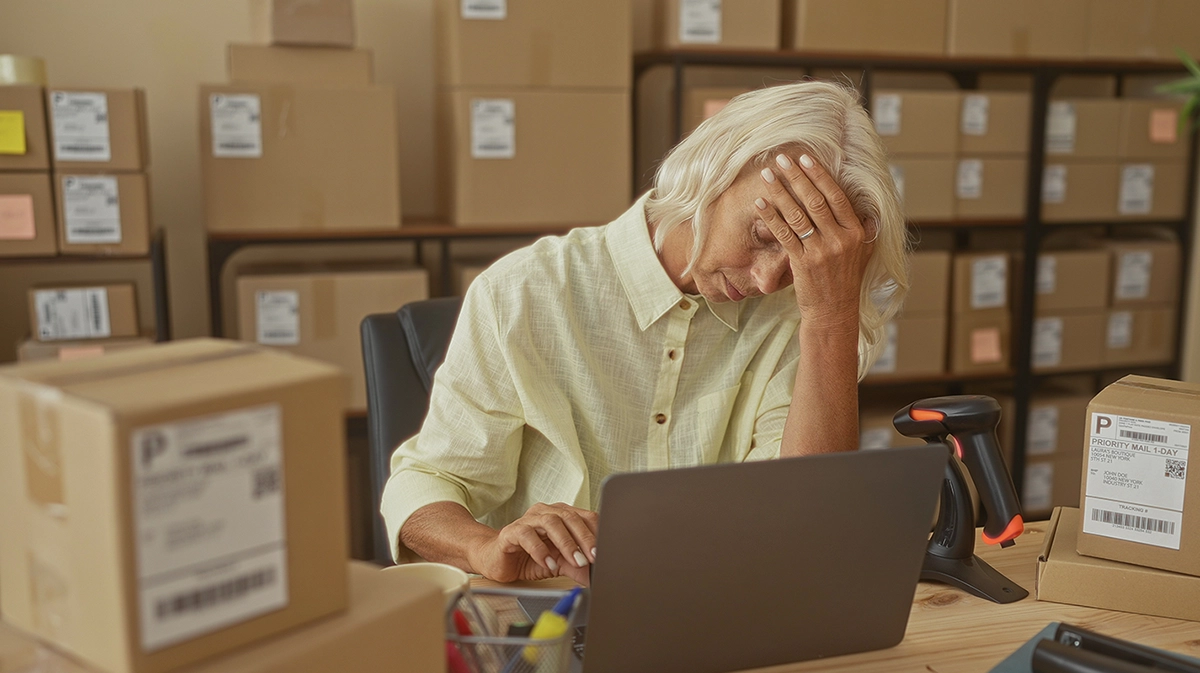 Stressed woman sitting at desk rubbing her forehead