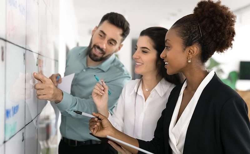 Business team around whiteboard