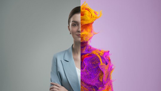 Split screen of a woman. Her normal appearance on the left, her swirling, colourful stress portrait avatar on the right.