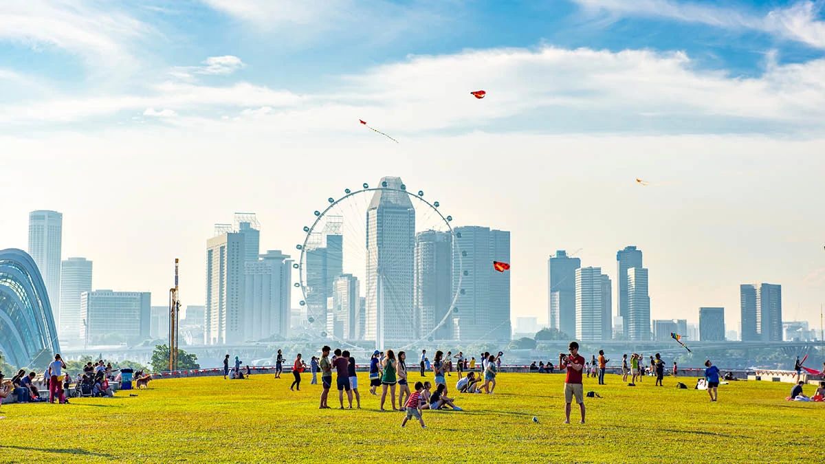 landscape of people in a park with flat green grass flying kites in front of ferris wheel and skyscrappers