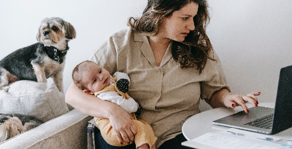 A new mother holds her baby in one arm as she works on her laptop with the other. Her two dogs watch her from the couch.